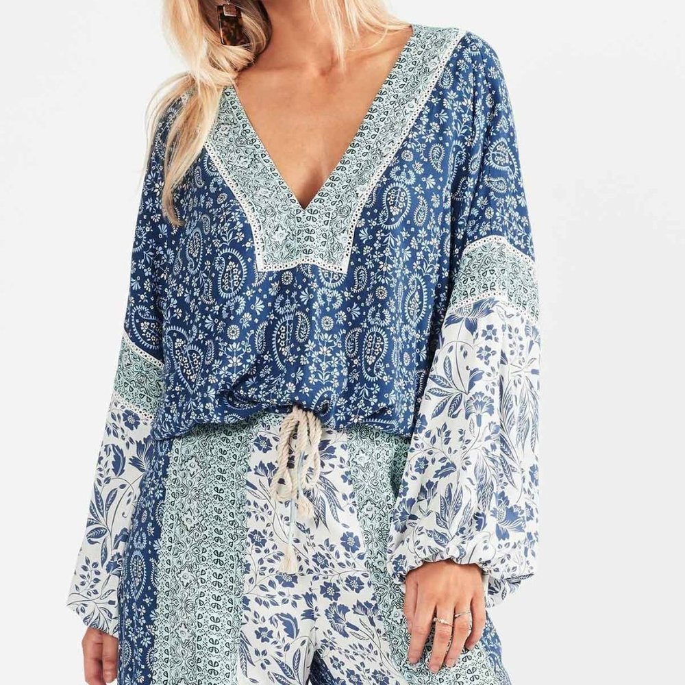 TIGERLILY Cameli Blue Patchwork Paisley Long Sleeve Blouse - Picture 2 of 12